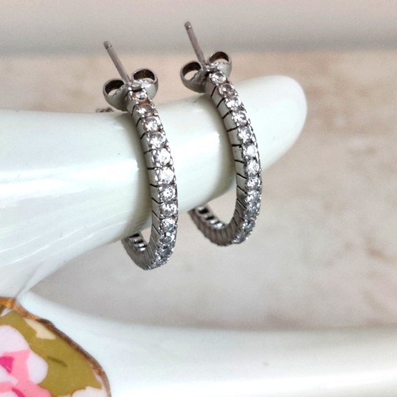 Dazzling Sterling Silver Hoops Pave CZ - Picture 5 of 16